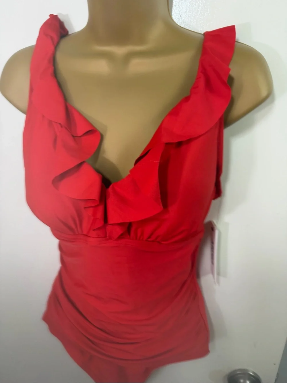 DKNY Red Ruffle Plunge Soft Cups Slimming Tummy Control One Piece Swimsuit NWT M - Picture 8 of 16